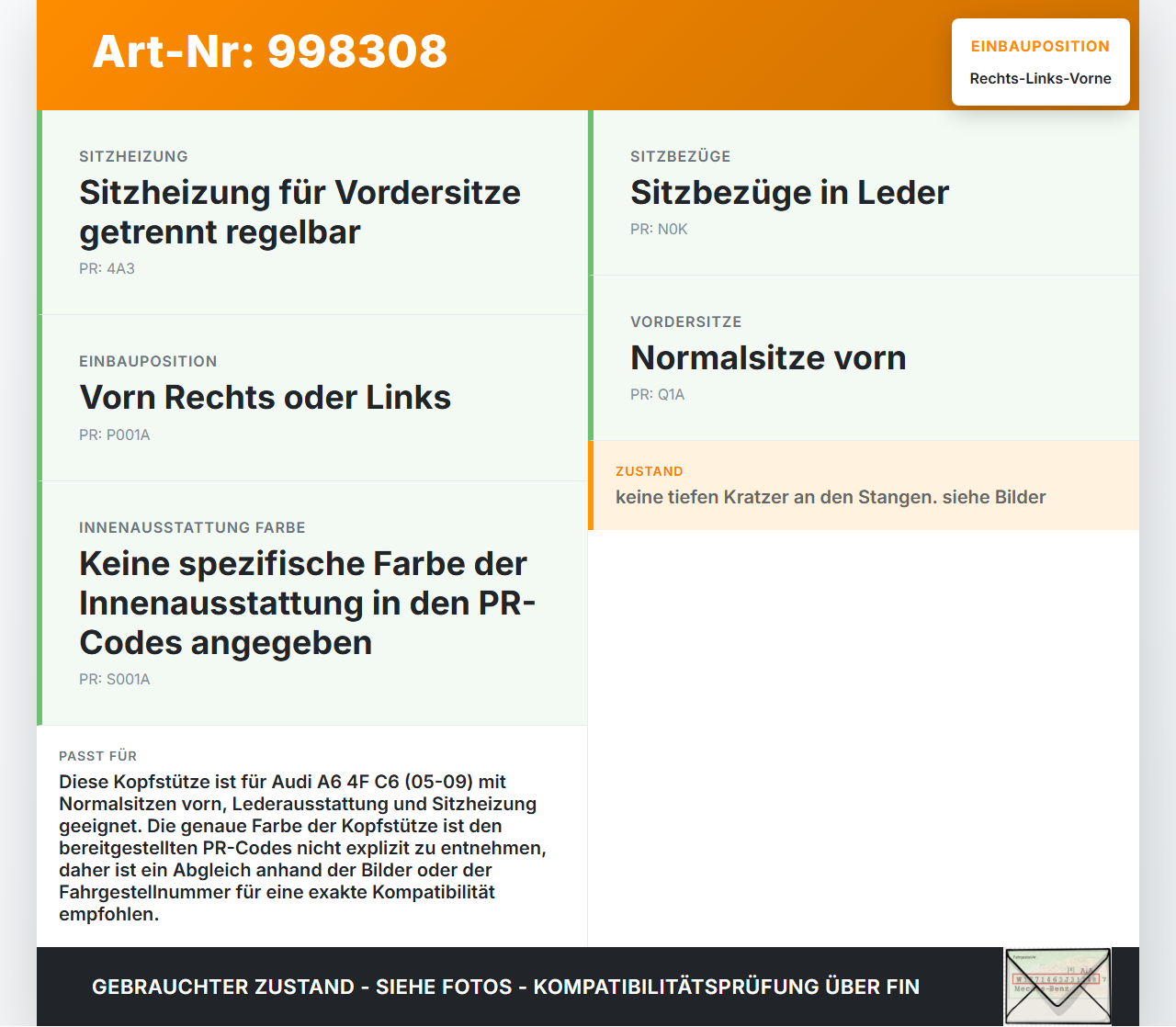 Audi A6 4F C6 05-09 Kopfstütze für Fahrer Sitz Rechts oder Links Vorne Audi A6 4F C6 05-09 16.06.2005 4F0881901AM... Vorschau 3