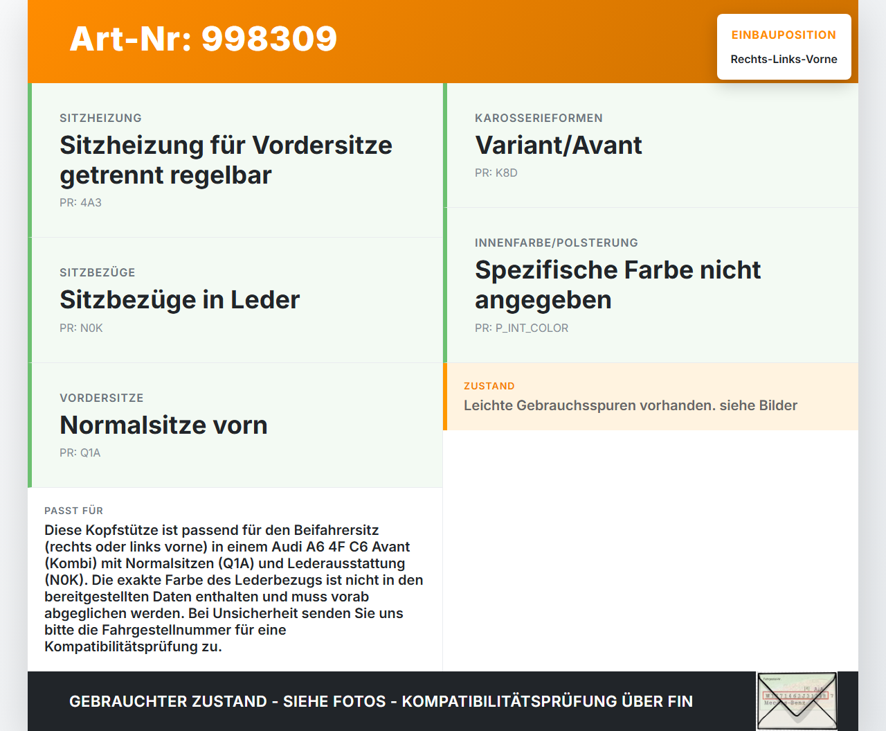 Audi A6 4F C6 05-09 Kombi Kopfstütze für Beifahrer Sitz Rechts oder Links Vorne Audi A6 4F C6 05-09 16.06.2005... Vorschau 3