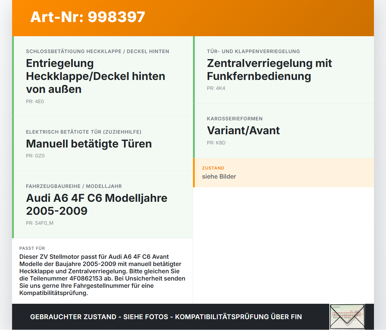 Audi A6 4F C6 05-09 Kombi ZV Stellmotor Heckklappe Heckklappenschloss Audi A6 4F C6 05-09 16.06.2005 4F0862153... Vorschau 3