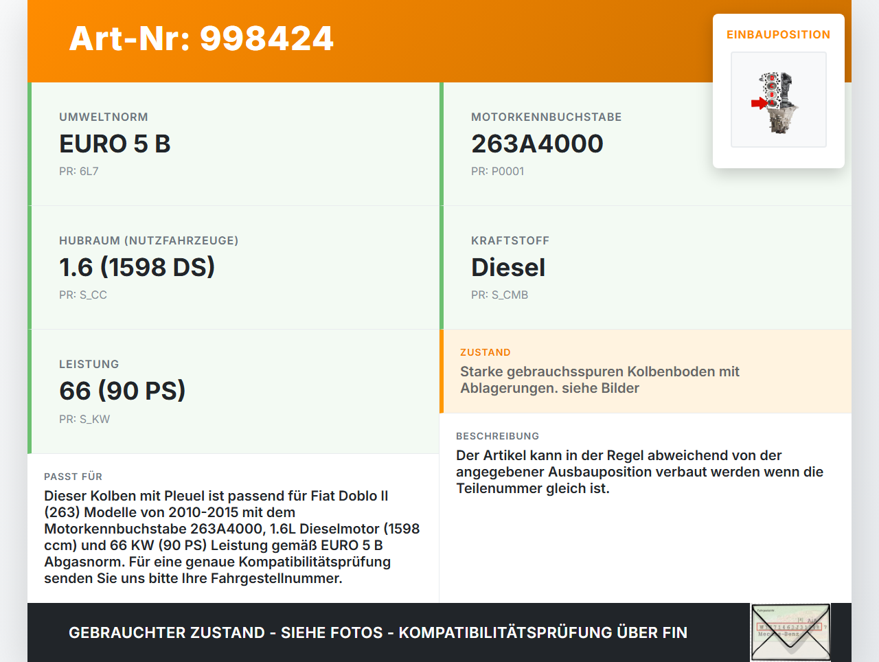 Fiat Doblo II 263 10-15 1,6D 66KW 263A4000 Kolben mit Pleuel Pos A Fiat Doblo II 263 10-15 24.01.2012  gebraucht Vorschau 3