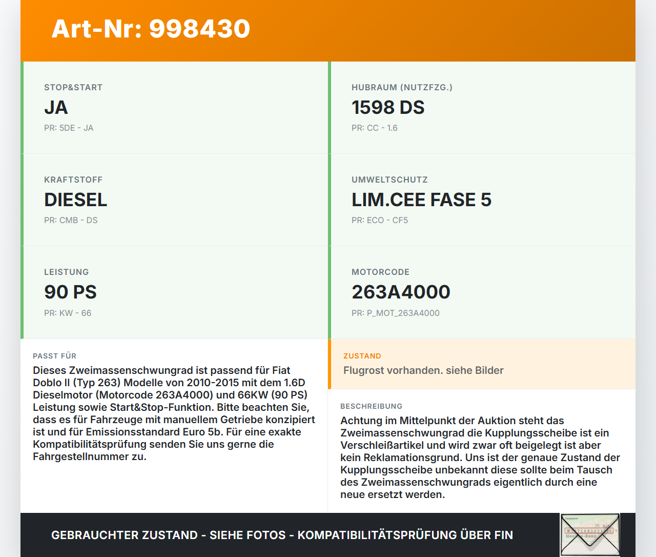 Fiat Doblo II 263 10-15 1,6D 66KW 263A4000 Zweimassenschwungrad Schwungrad Fiat Doblo II 263 10-15 24.01.2012 ... Vorschau 3