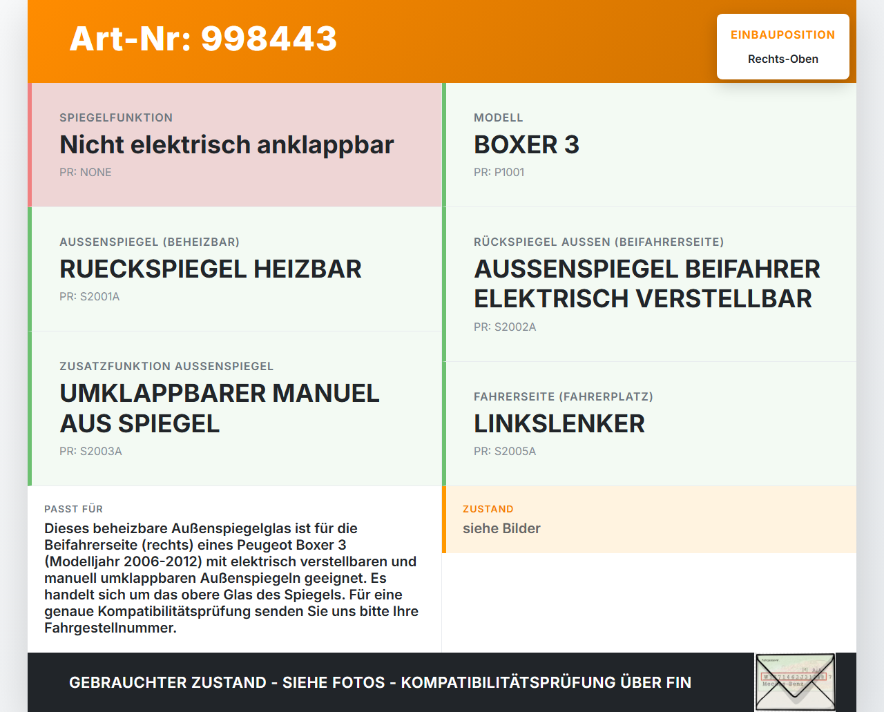 Peugeot Boxer Jumper 250 06-12 Spiegel Aussenspiegel nur Glas Links Oben Peugeot Boxer Jumper 250 06-12 13.02.2008... Vorschau 3