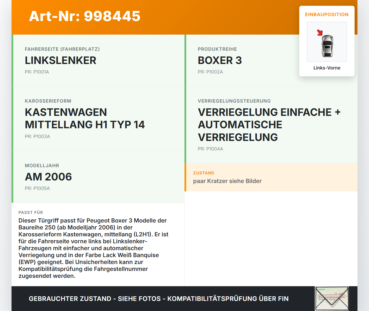 Peugeot Boxer Jumper 250 06-12 Kasten Türgriff Griff aussen Links Vorne EWP Peugeot Boxer Jumper 250 06-12... Vorschau 3