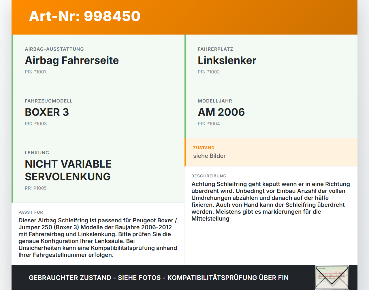 Peugeot Boxer Jumper 250 06-12 Airbag Schleifring Wickelfeder Peugeot Boxer Jumper 250 06-12 13.02.2008 gebraucht Vorschau 3