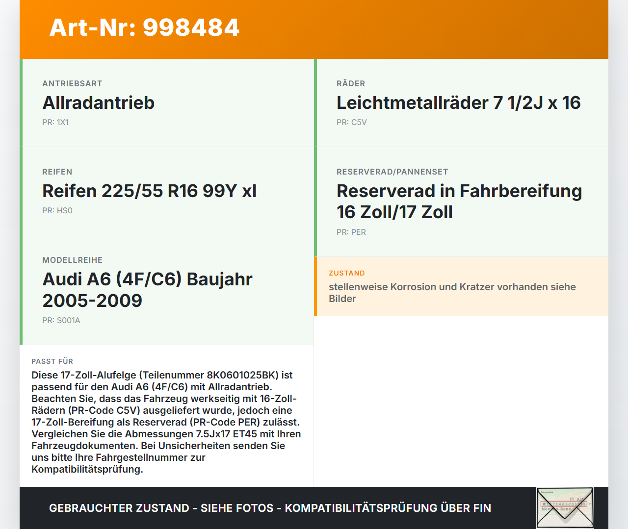 Audi A6 4F C6 05-09 1x Felge Alufelge 5X112/112 7.5X17Zoll ET45 Audi A6 4F C6 05-09 16.06.2005 8K0601025BK gebraucht Vorschau 3