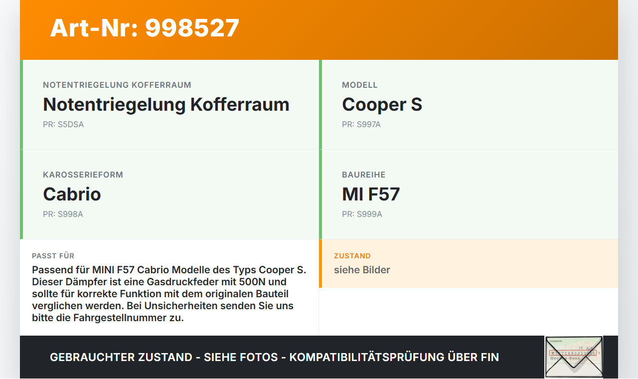 MINI F57 Cooper S 14-18 Cabrio Dämpfer für Heckklappe Gasdruckfeder 500N MINI F57 Cooper S 14-18 07.06.2017... Vorschau 3