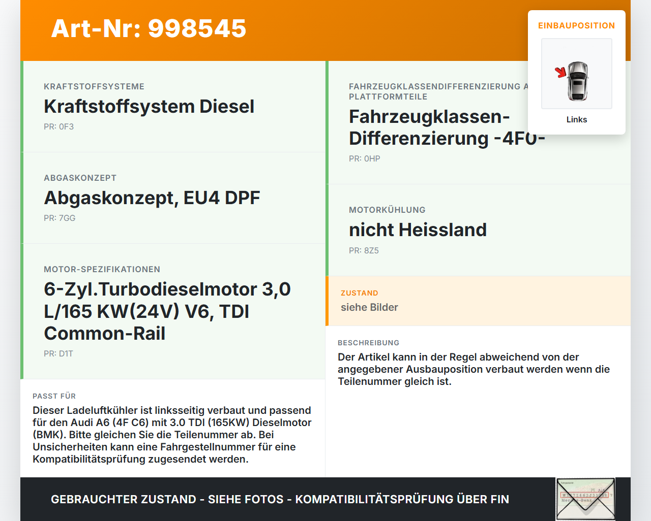 Audi A6 4F C6 05-09 TDI 3,0 165KW Ladeluftkühler Kühler Links Audi A6 4F C6 05-09 16.06.2005 4F0145805AF gebraucht Vorschau 3