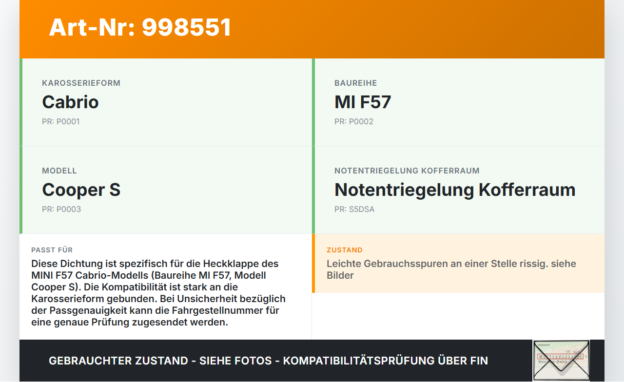 MINI F57 Cooper S 14-18 Cabrio Dichtung für Heckklappe Kofferraum Heckklappendichtung MINI F57 Cooper S 14-18... Vorschau 3