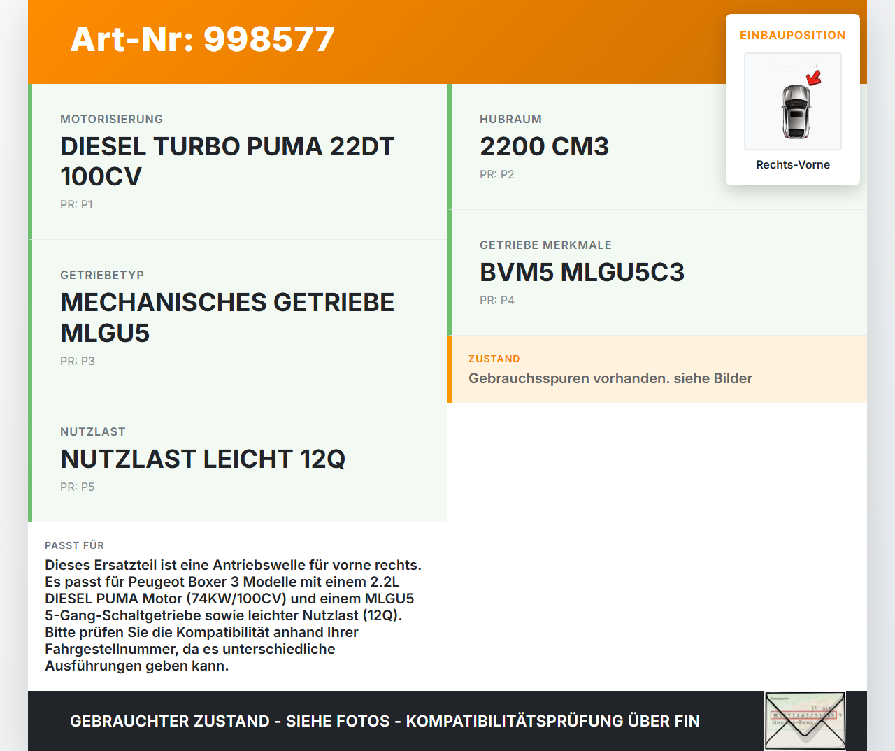 Peugeot Boxer Jumper 250 06-12 HDI 2,2 74KW Antriebswelle Gelenkwelle Rechts Vorne Peugeot Boxer Jumper 250 06-12... Vorschau 3