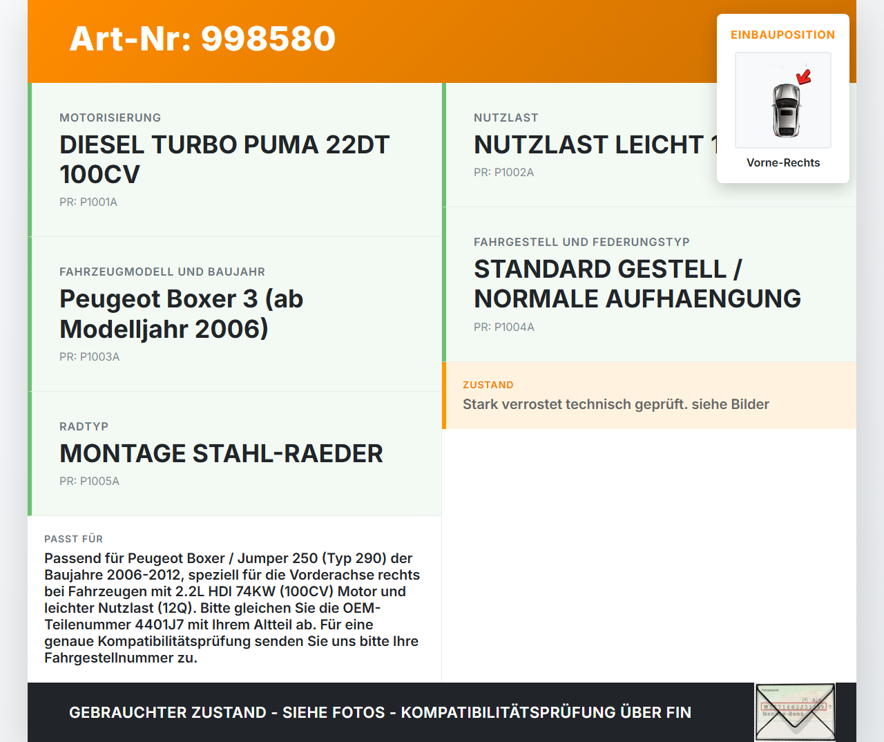 Peugeot Boxer Jumper 250 06-12 HDI 2,2 74KW Bremssattel Bremszange Vorne Rechts Peugeot Boxer Jumper 250 06-12... Vorschau 3