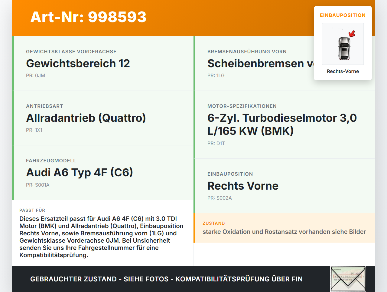 Audi A6 4F C6 05-09 TDI 3,0 165KW Achsschenkel Radnabe mit ABS Rechts Vorne Audi A6 4F C6 05-09 16.06.2005... Vorschau 3