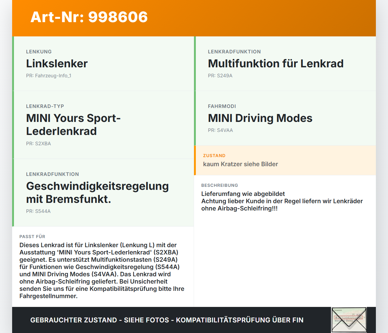 MINI F57 Cooper S 14-18 Lenkrad Airbaglenkrad MINI F57 Cooper S 14-18 07.06.2017 32306996051 gebraucht Vorschau 3