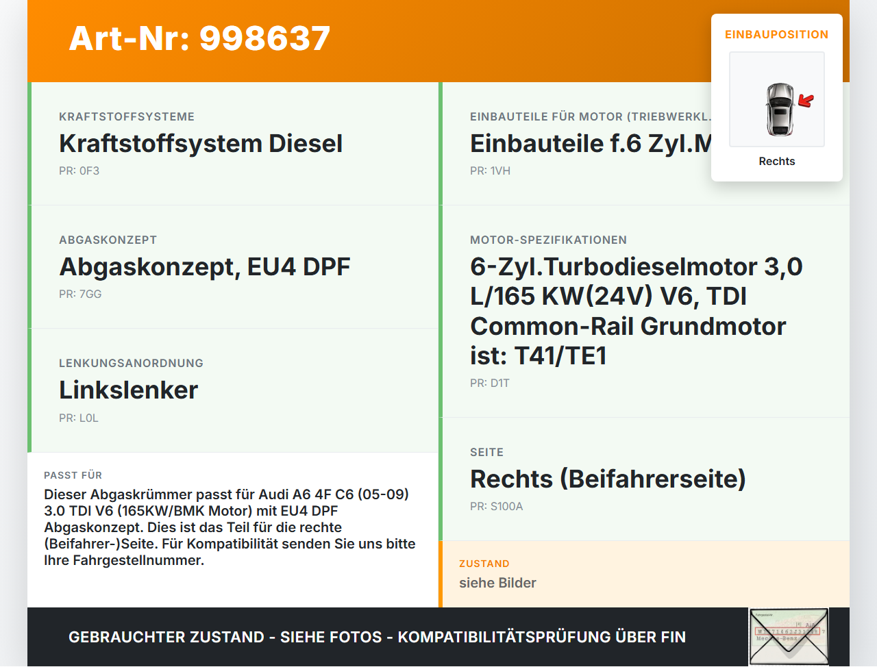 Audi A6 4F C6 05-09 TDI 3,0 165KW BMK Abgaskrümmer Rechts Audi A6 4F C6 05-09 16.06.2005 059253034P gebraucht Vorschau 3