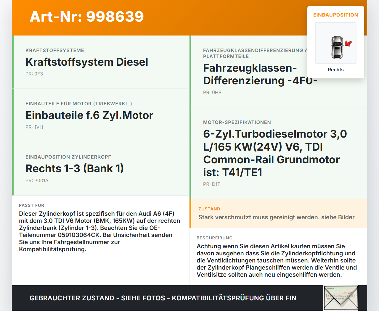 Audi A6 4F C6 05-09 TDI 3,0 165KW BMK Zylinderkopf Rechts 1-3 Audi A6 4F C6 05-09 16.06.2005 059103064CK gebraucht Vorschau 3