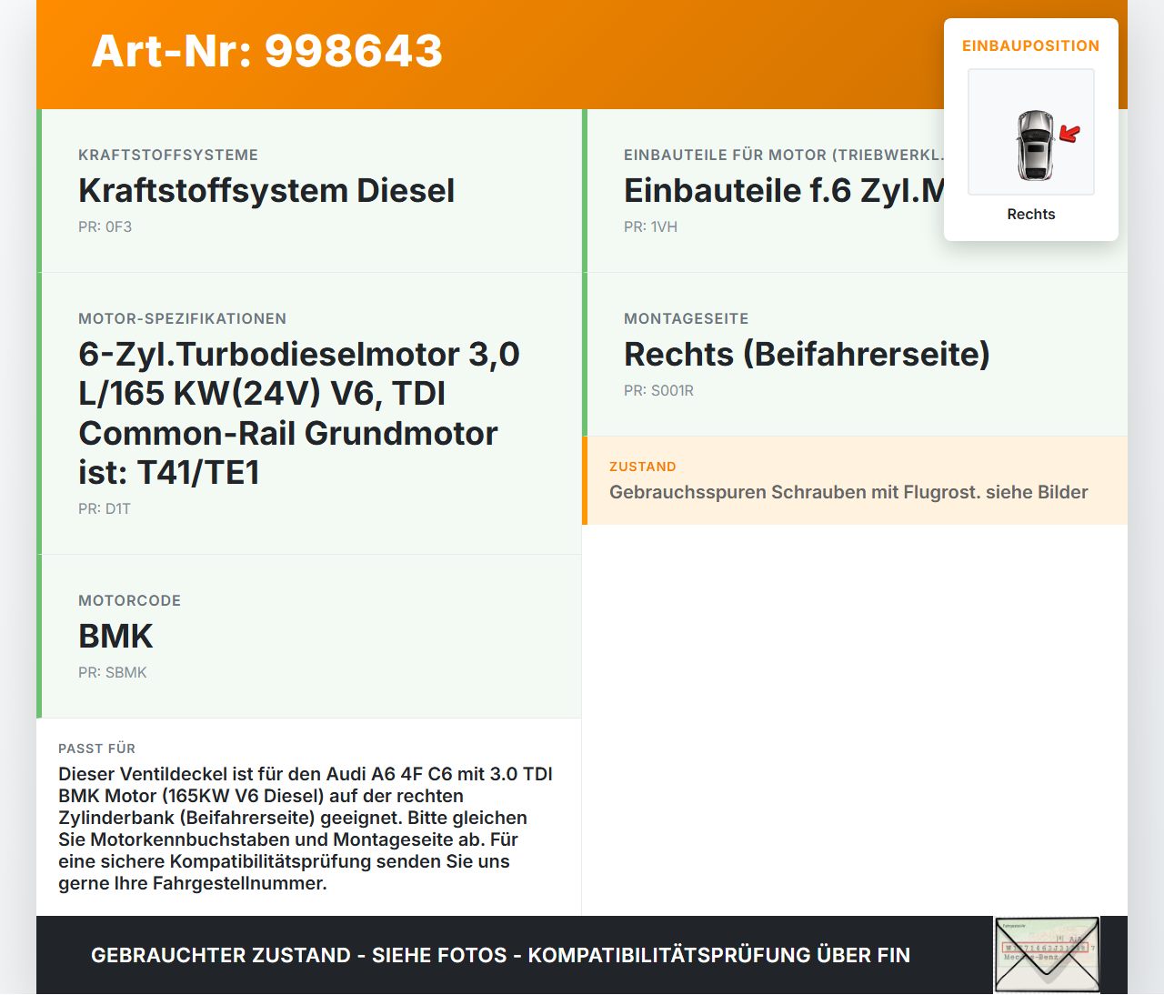 Audi A6 4F C6 05-09 TDI 3,0 165KW BMK Ventildeckel Zylinderkopfhaube Rechts Audi A6 4F C6 05-09 16.06.2005... Vorschau 3