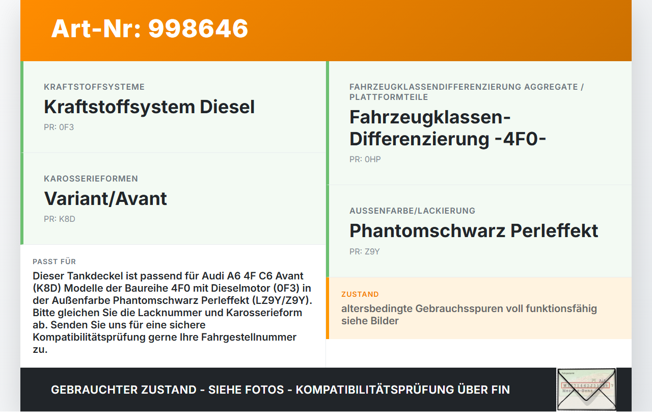 Audi A6 4F C6 05-09 Tankdeckel Tankklappe LZ9Y Audi A6 4F C6 05-09 16.06.2005 4F5809907C 4F5809907B gebraucht Vorschau 3