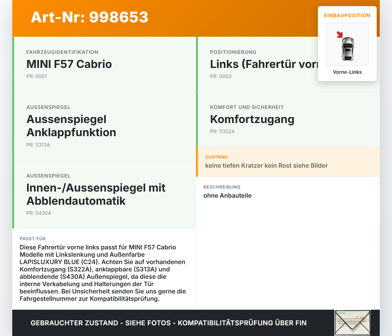 MINI F57 Cooper S 14-18 Cabrio Tür Fahrertür Vorne Links C24 MINI F57 Cooper S 14-18 07.06.2017 4151-7294265... Vorschau 3