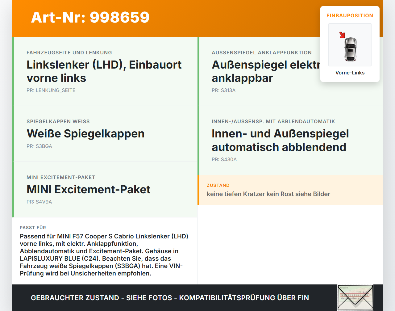 MINI F57 Cooper S 14-18 Spiegel Außenspiegel Vorne Links Elektrochrom Excitement C24 MINI F57 Cooper S 14-18... Vorschau 3