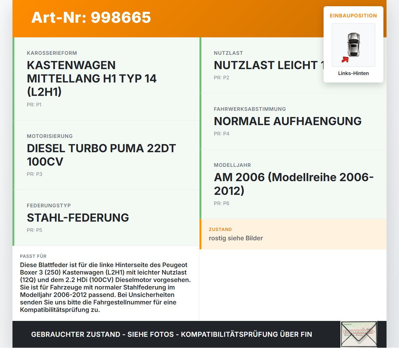 Peugeot Boxer Jumper 250 06-12 Kasten Feder Blattfeder Links Hinten Peugeot Boxer Jumper 250 06-12 13.02.2008... Vorschau 3