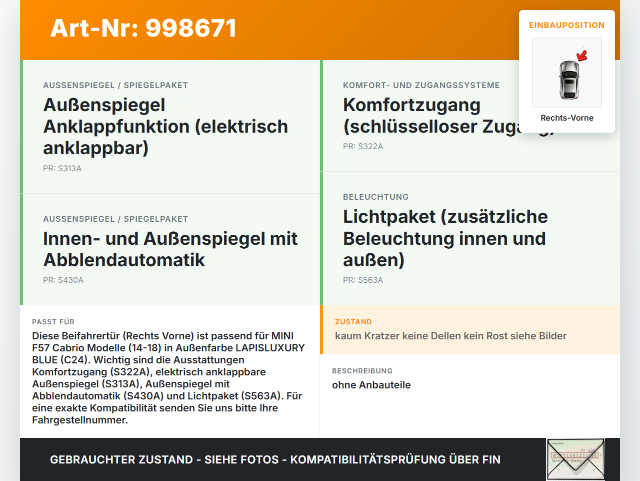 MINI F57 Cooper S 14-18 Cabrio Tür Beifahrertür Rechts Vorne C24 MINI F57 Cooper S 14-18 07.06.2017 4151-7294266... Vorschau 3