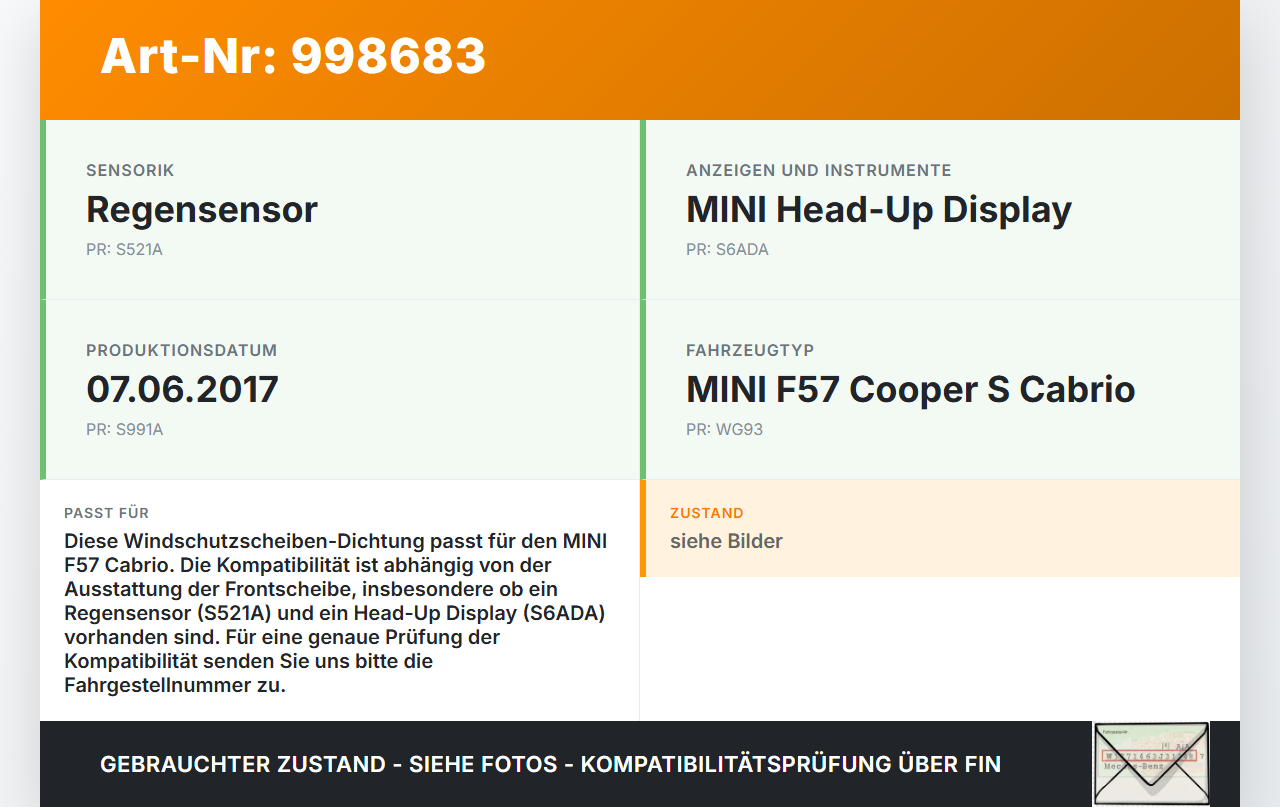 MINI F57 Cooper S 14-18 WS Dichtung Windschutzscheibe Frontscheibe MINI F57 Cooper S 14-18 07.06.2017 51317422806... Vorschau 3