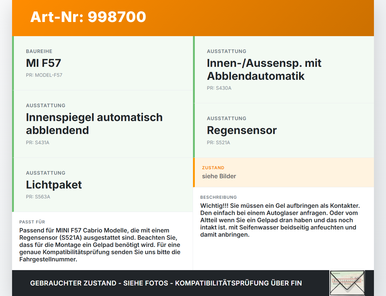 MINI F57 Cooper S 14-18 Regensensor MINI F57 Cooper S 14-18 07.06.2017 61355A70A03 9861560-01 6PW013071-02 gebraucht Vorschau 3