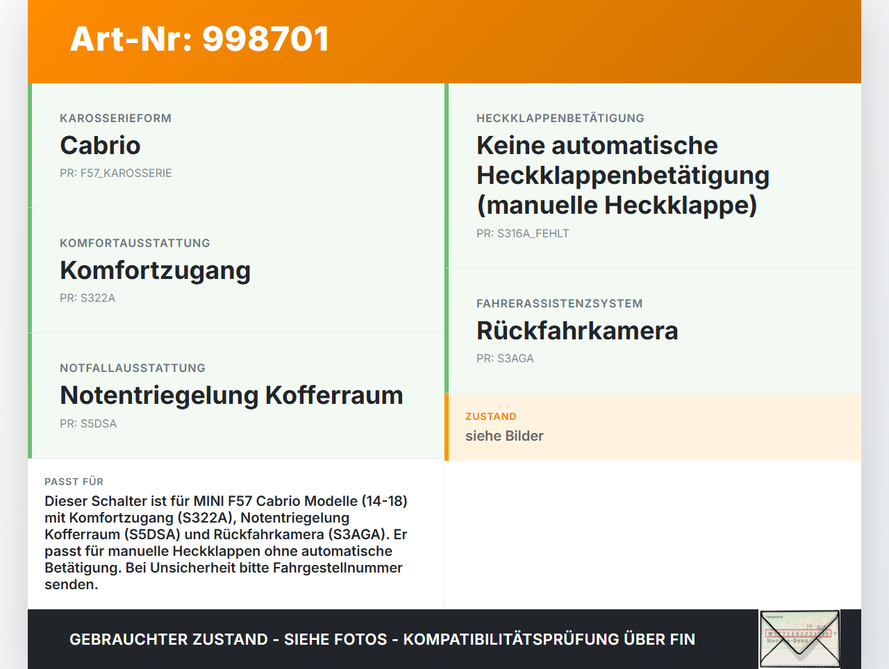MINI F57 Cooper S 14-18 Schalter für Heckklappe Öffner MINI F57 Cooper S 14-18 07.06.2017 61319200316 9200316-04... Vorschau 3