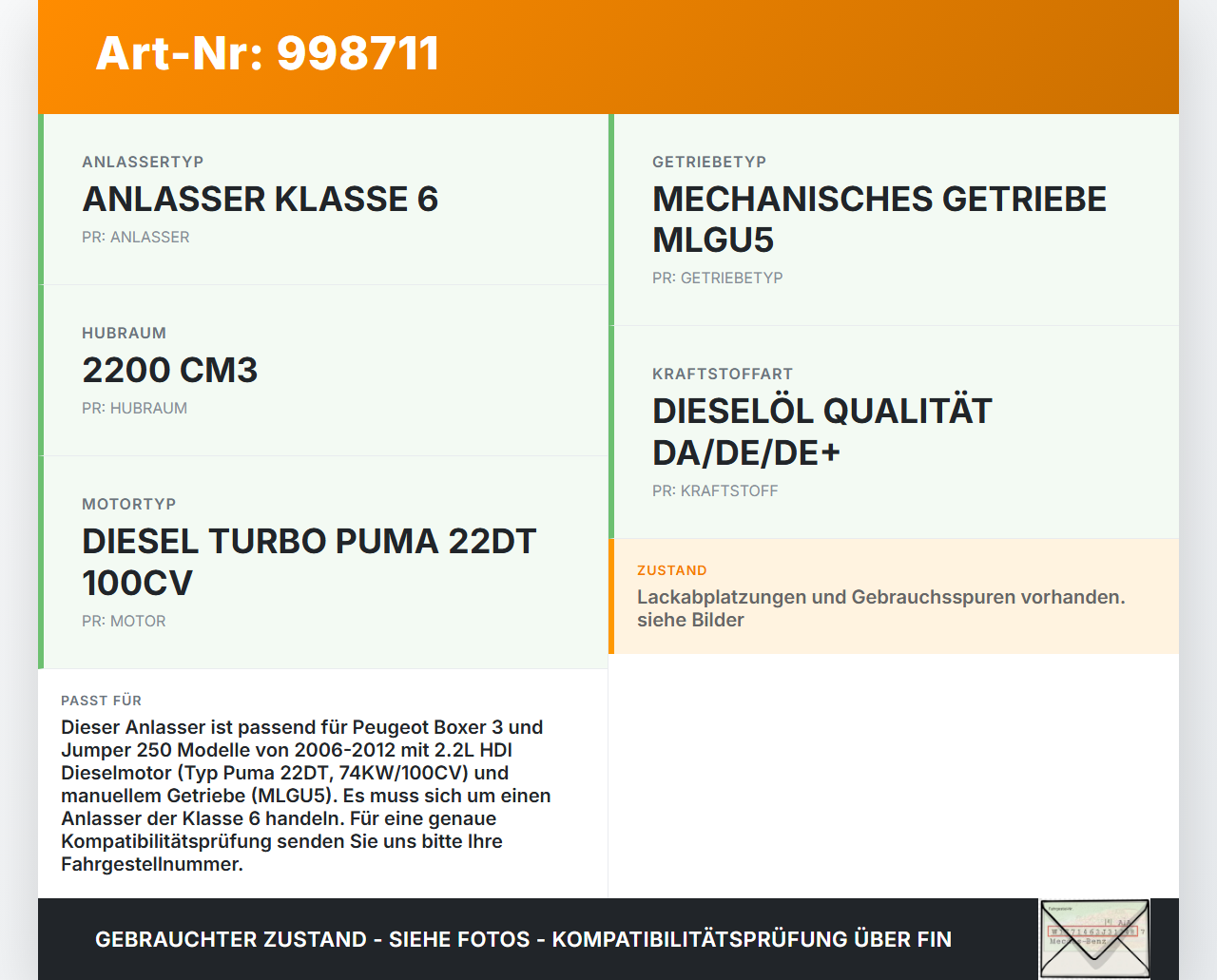 Peugeot Boxer Jumper 250 06-12 HDI 2,2 74KW Anlasser Starter Peugeot Boxer Jumper 250 06-12 13.02.2008 5802AS... Vorschau 3