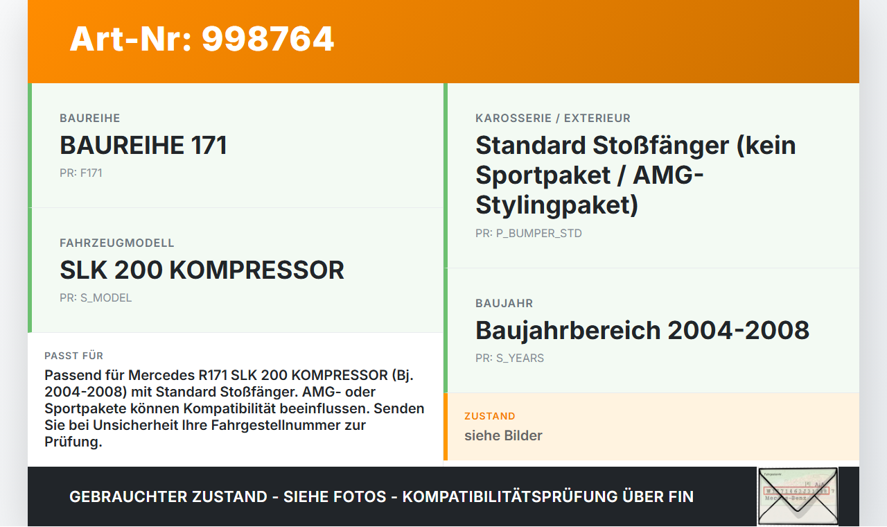 Mercedes R171 SLK 200 04-08 Abschleppöse Abschlepphaken Mercedes R171 SLK 200 04-08 03.08.2005 gebraucht Vorschau 3
