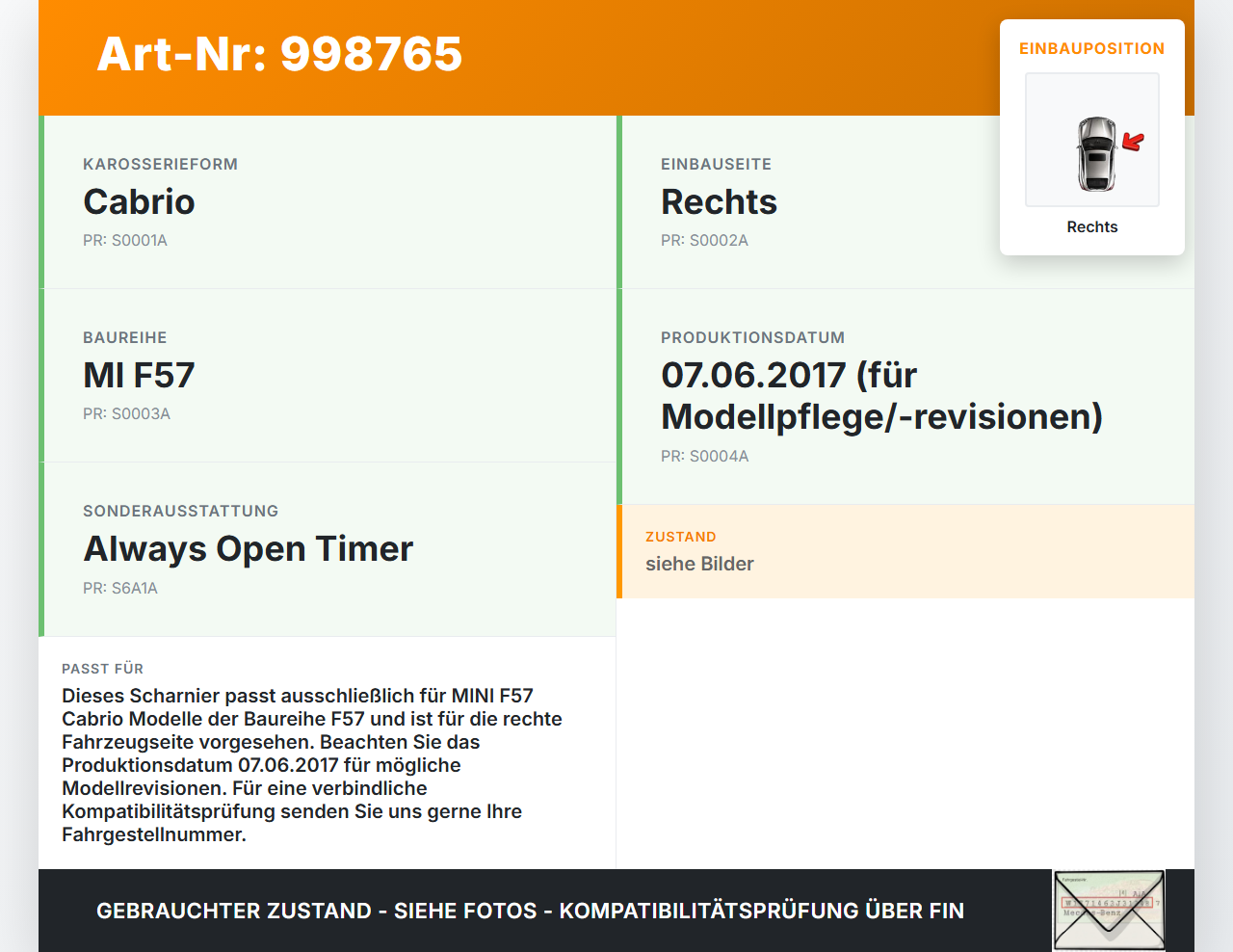 MINI F57 Cooper S 14-18 Cabrio Schiebedach Verdeck Mechanik Scharnier Rechts MINI F57 Cooper S 14-18 07.06.2017... Vorschau 3