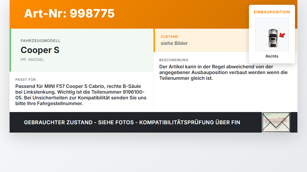 MINI F57 Cooper S 14-18 Sensor für Airbag Crashsensor Airbagsensor Rechts B-Säule MINI F57 Cooper S 14-18... Vorschau 3