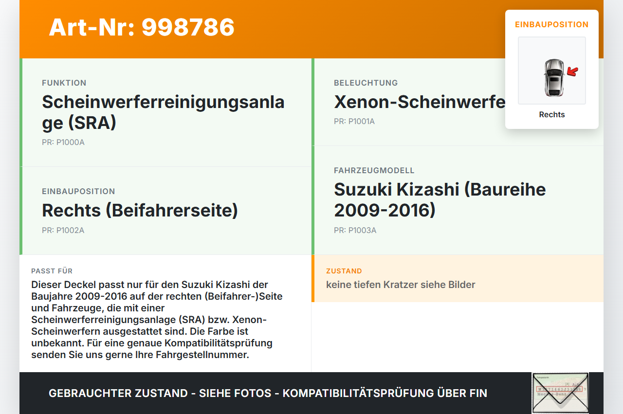Suzuki Kizashi 09-16 Deckel Klappe Abdeckung für Waschdüse Scheinwerfer SRA Rechts Suzuki Kizashi 09-16 20.09.2012... Vorschau 3