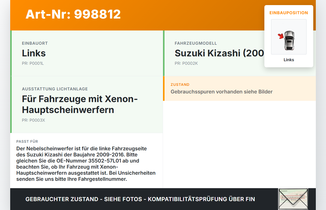 Suzuki Kizashi 09-16 Nebelscheinwerfer Links orig. Suzuki Kizashi 09-16 20.09.2012 35502-57L01 89207414 gebraucht Vorschau 3