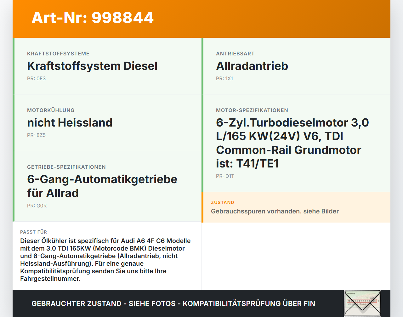 Audi A6 4F C6 05-09 TDI 3,0 165KW Ölkühler Audi A6 4F C6 05-09 16.06.2005 059117021J 059117031J gebraucht Vorschau 3