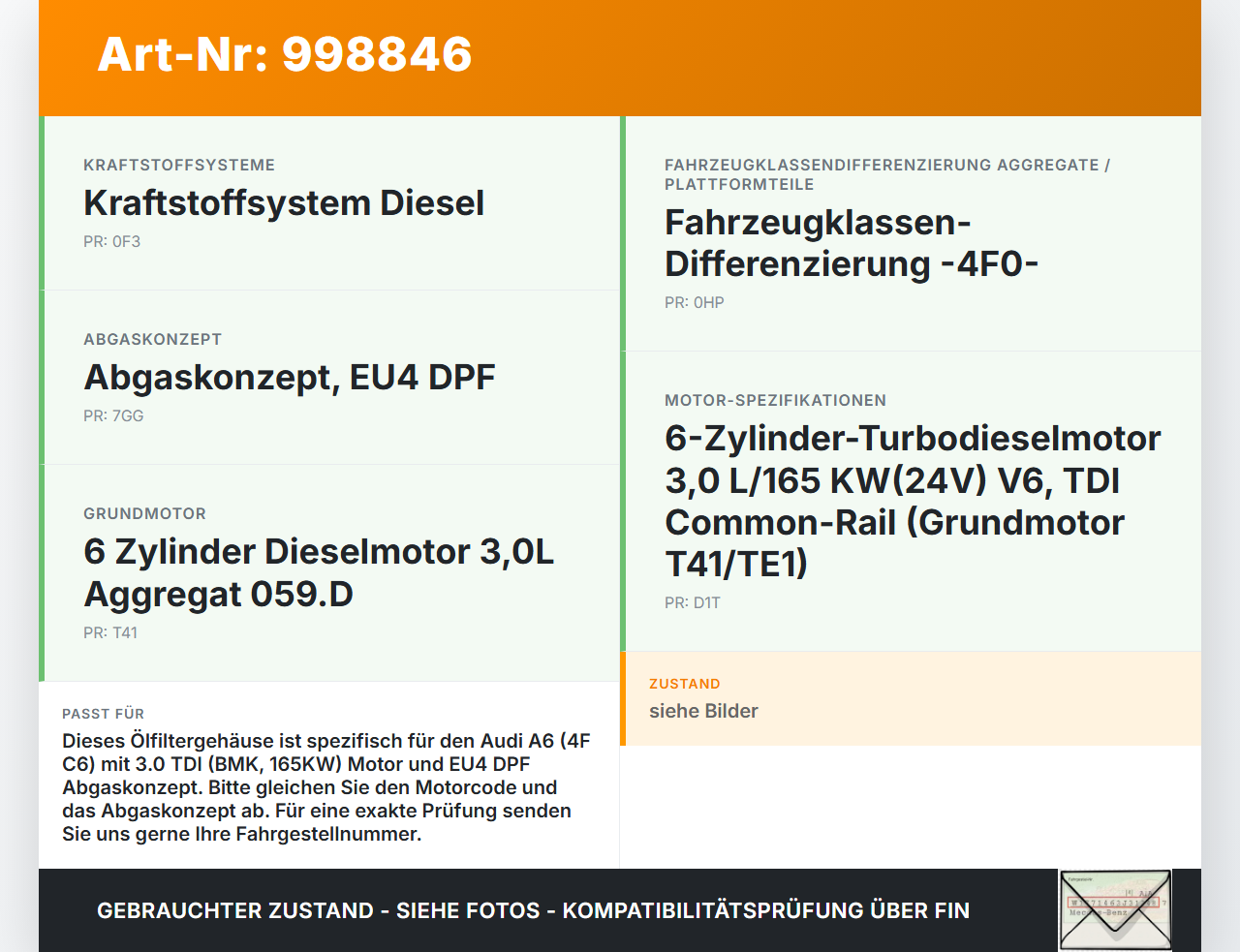 Audi A6 4F C6 05-09 TDI 3,0 165KW BMK Ölfiltergehäuse Ölfilter Gehause Halter Audi A6 4F C6 05-09 16.06.2005... Vorschau 3