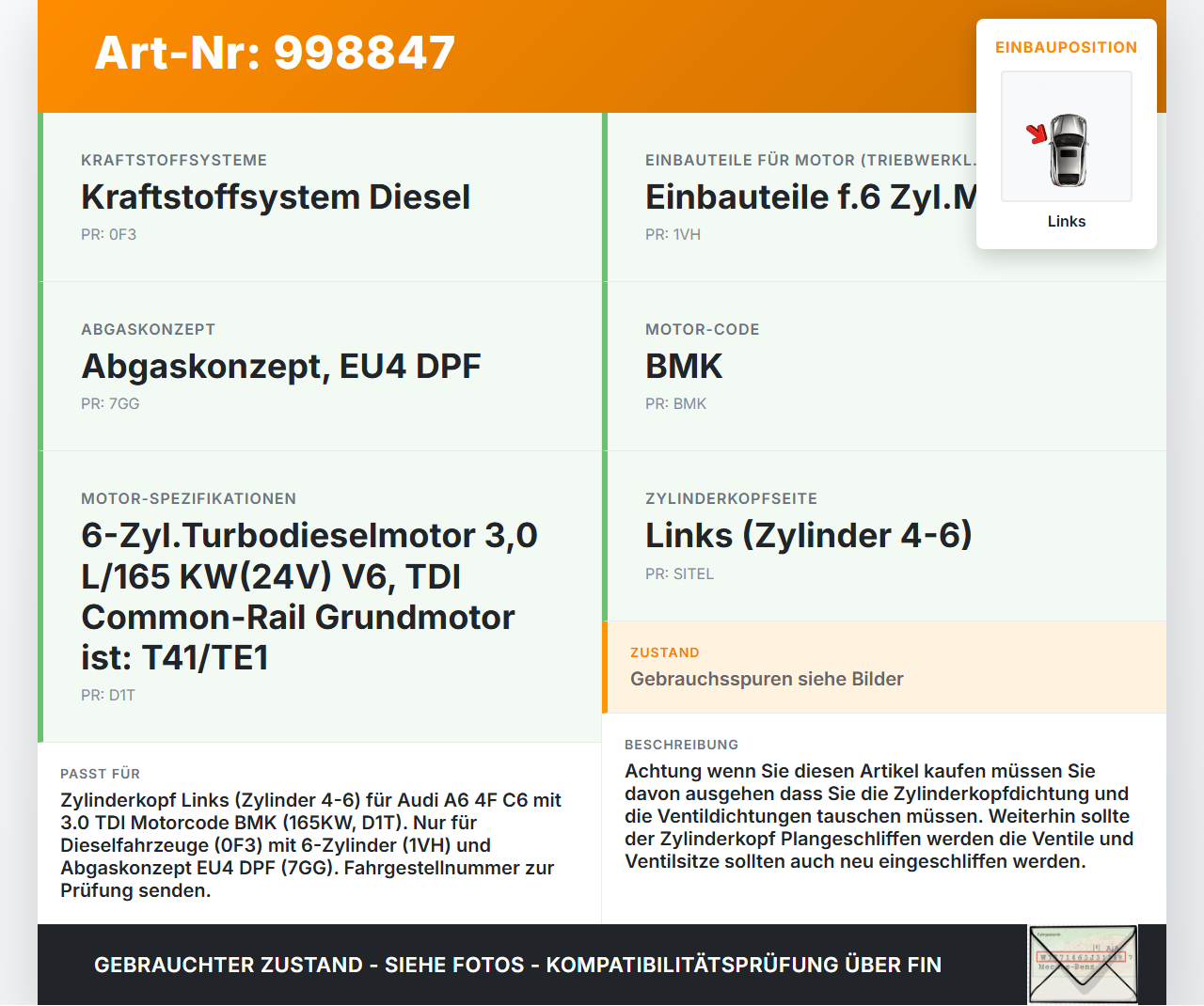 Audi A6 4F C6 05-09 TDI 3,0 165KW BMK Zylinderkopf Links 4-6 Audi A6 4F C6 05-09 16.06.2005 059103063CQ gebraucht Vorschau 3