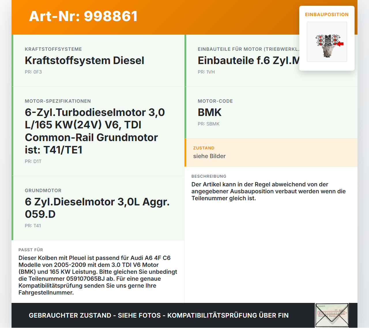 Audi A6 4F C6 05-09 TDI 3,0 165KW BMK Kolben mit Pleuel Pos B 83,010 Audi A6 4F C6 05-09 16.06.2005 059107065BJ... Vorschau 3