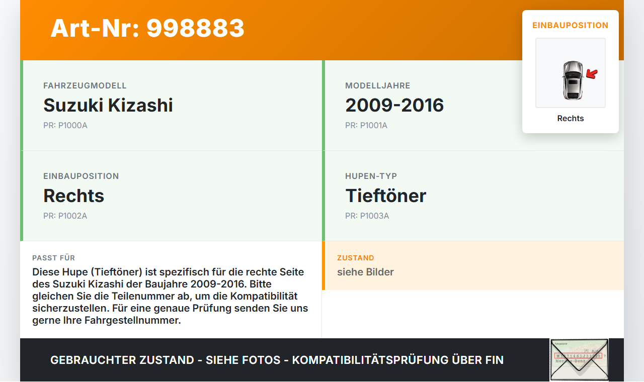 Suzuki Kizashi 09-16 Hupe Signalhorn Tieftöner Rechts Suzuki Kizashi 09-16 20.09.2012 272200-1760 gebraucht Vorschau 3
