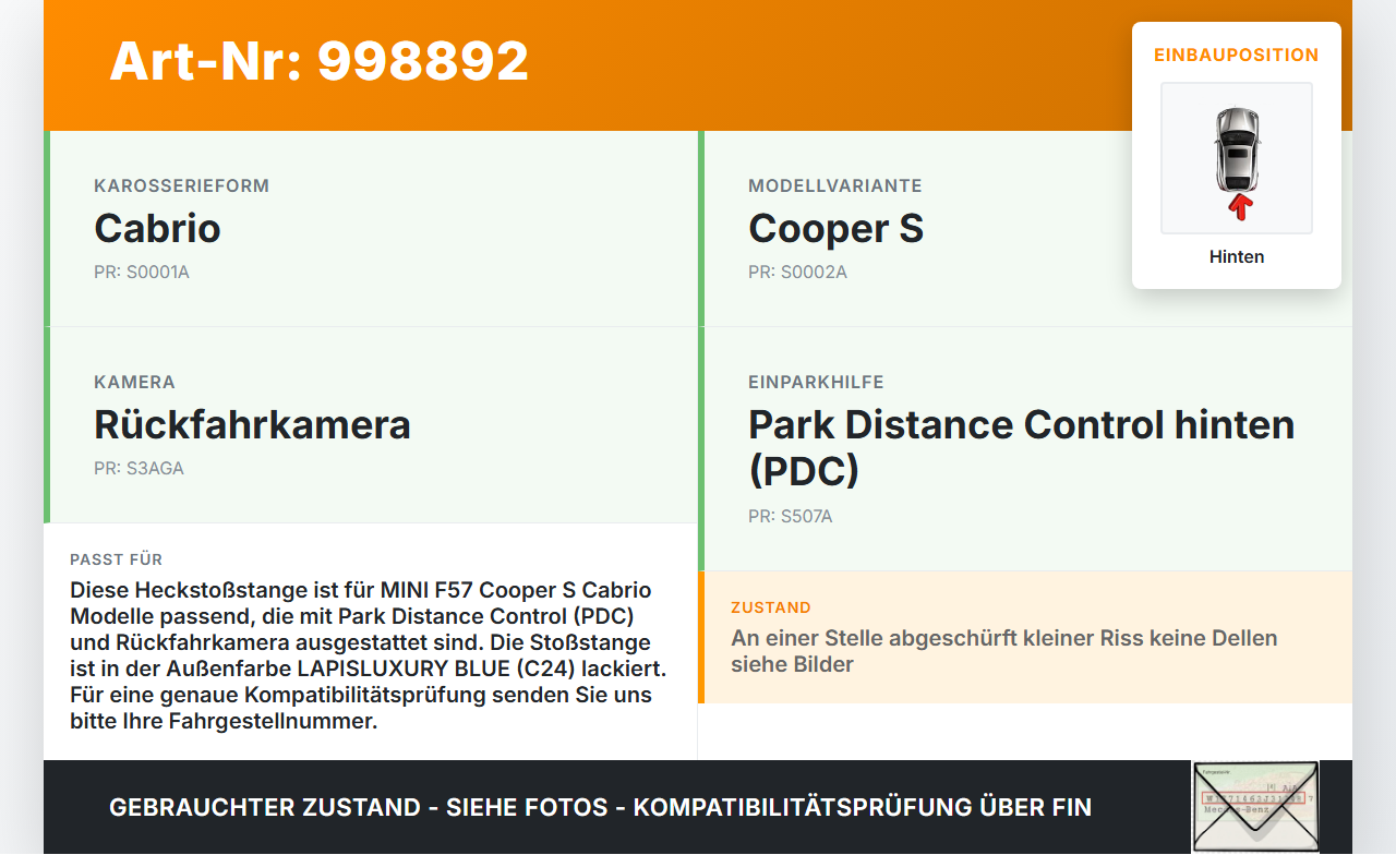 MINI F57 Cooper S 14-18 Cabrio Stoßstange Stoßfänger Heckstosstange Hinten C24 MINI F57 Cooper S 14-18 07.06.2017... Vorschau 3