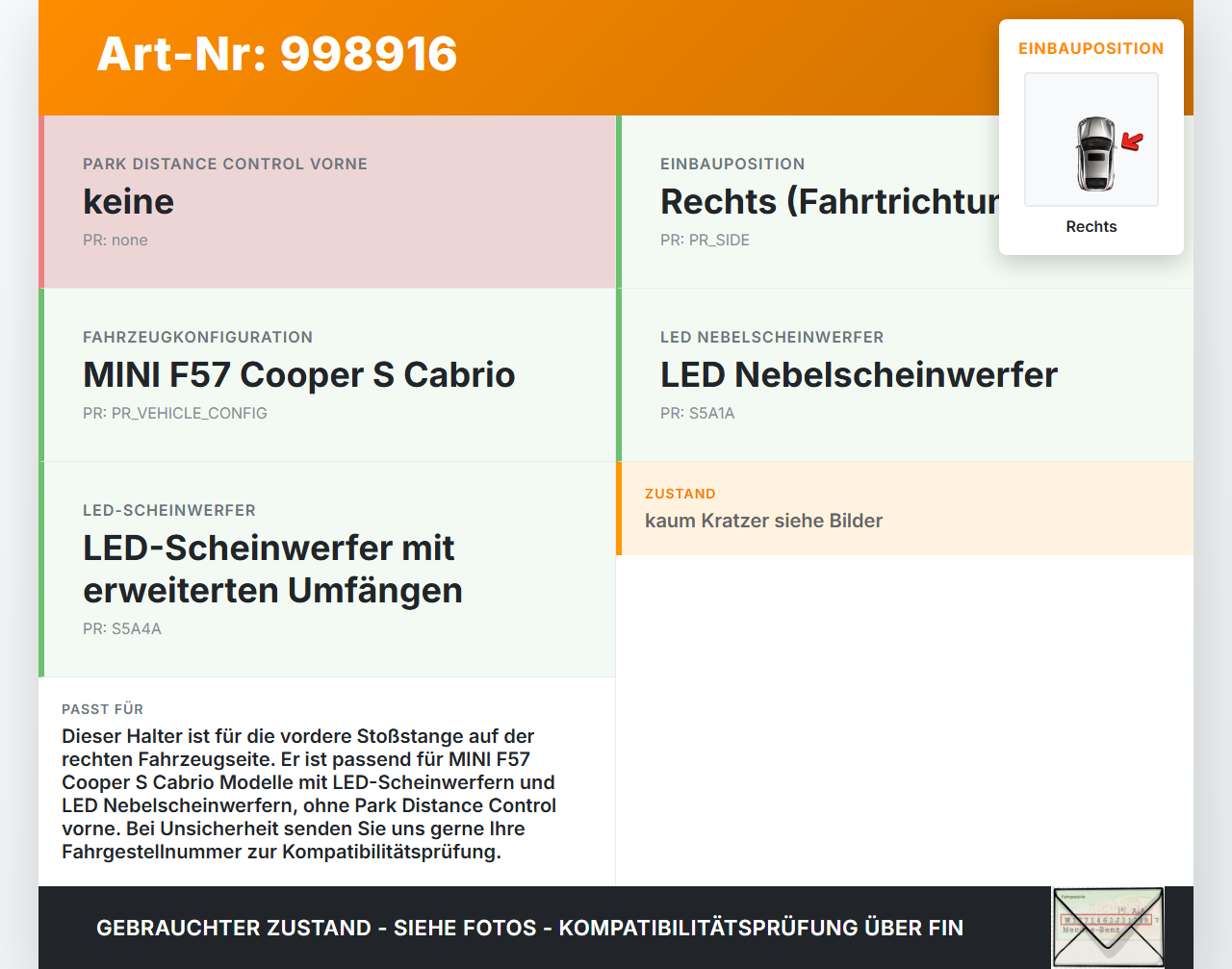 MINI F57 Cooper S 14-18 Cabrio Halter Träger Aufnahme Führung für Stoßstange Rechts MINI F57 Cooper S 14-18... Vorschau 3