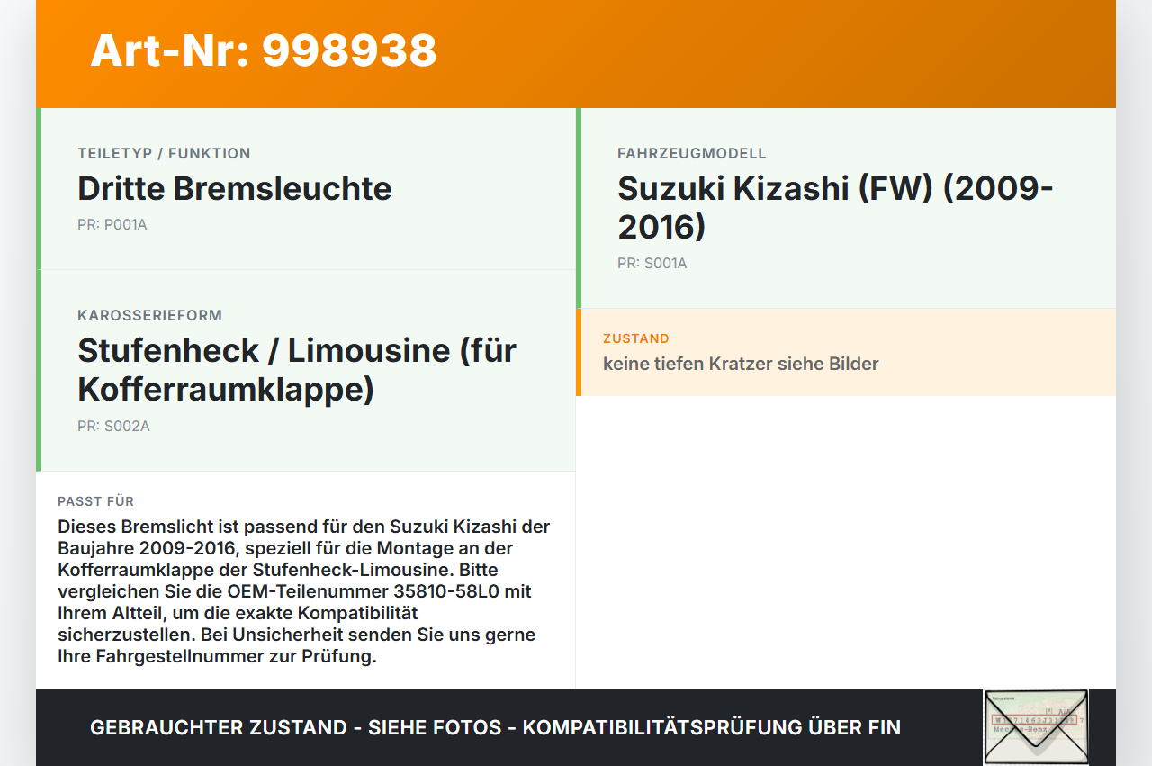 Suzuki Kizashi 09-16 Bremslicht 3. Bremsleuchte für Klappe Suzuki Kizashi 09-16 20.09.2012 35810-58L0 gebraucht Vorschau 3