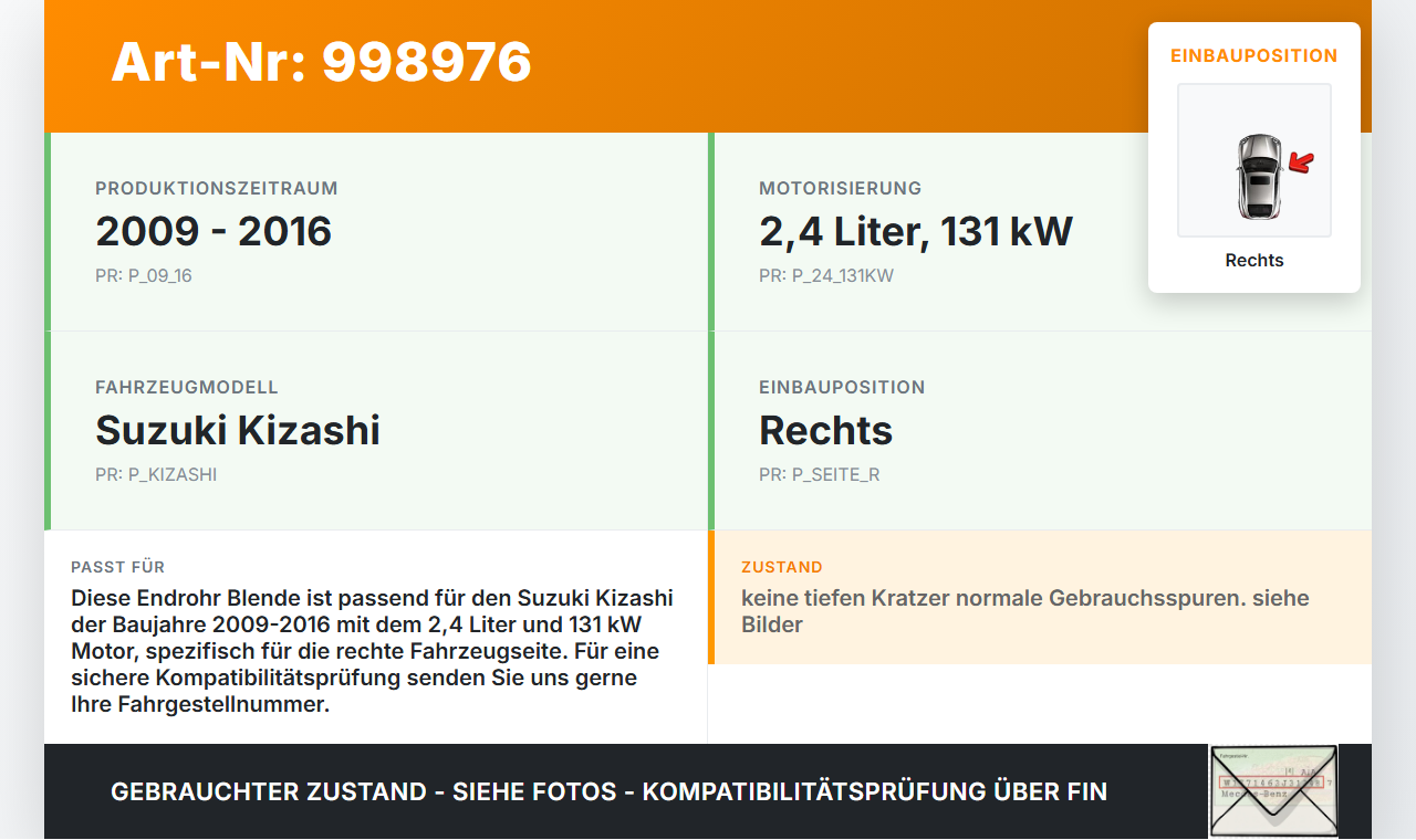 Suzuki Kizashi 09-16 2,4 131KW Endrohr Blende für Auspuff Endtopf Rechts Suzuki Kizashi 09-16 20.09.2012 gebraucht Vorschau 3