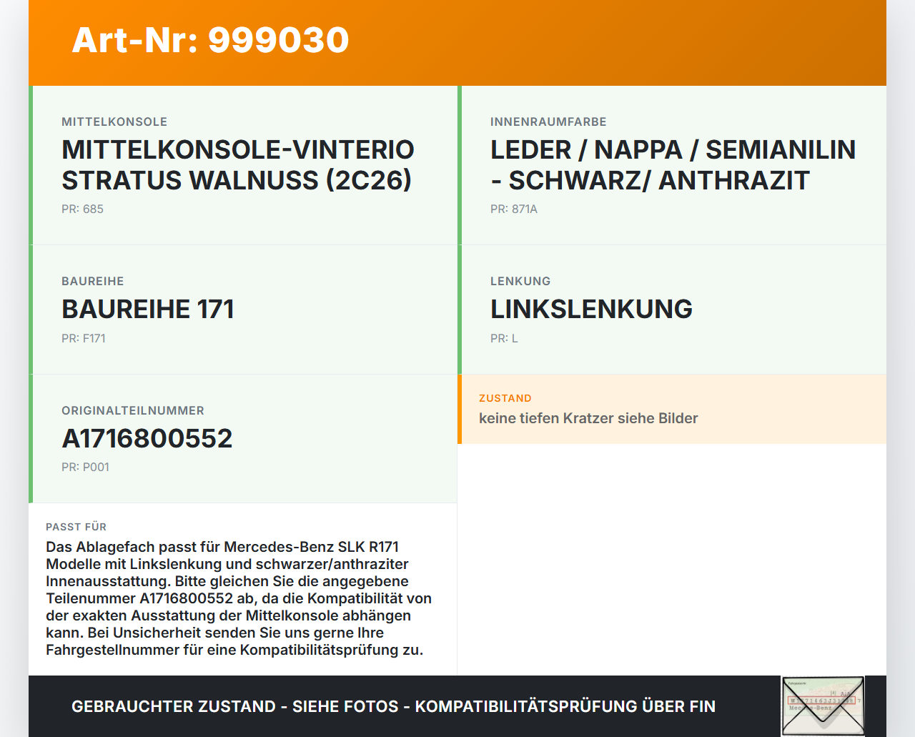 Mercedes R171 SLK 200 04-08 Cabrio Ablagefach Staufach Fach Pos.2 Mercedes R171 SLK 200 04-08 03.08.2005... Vorschau 3