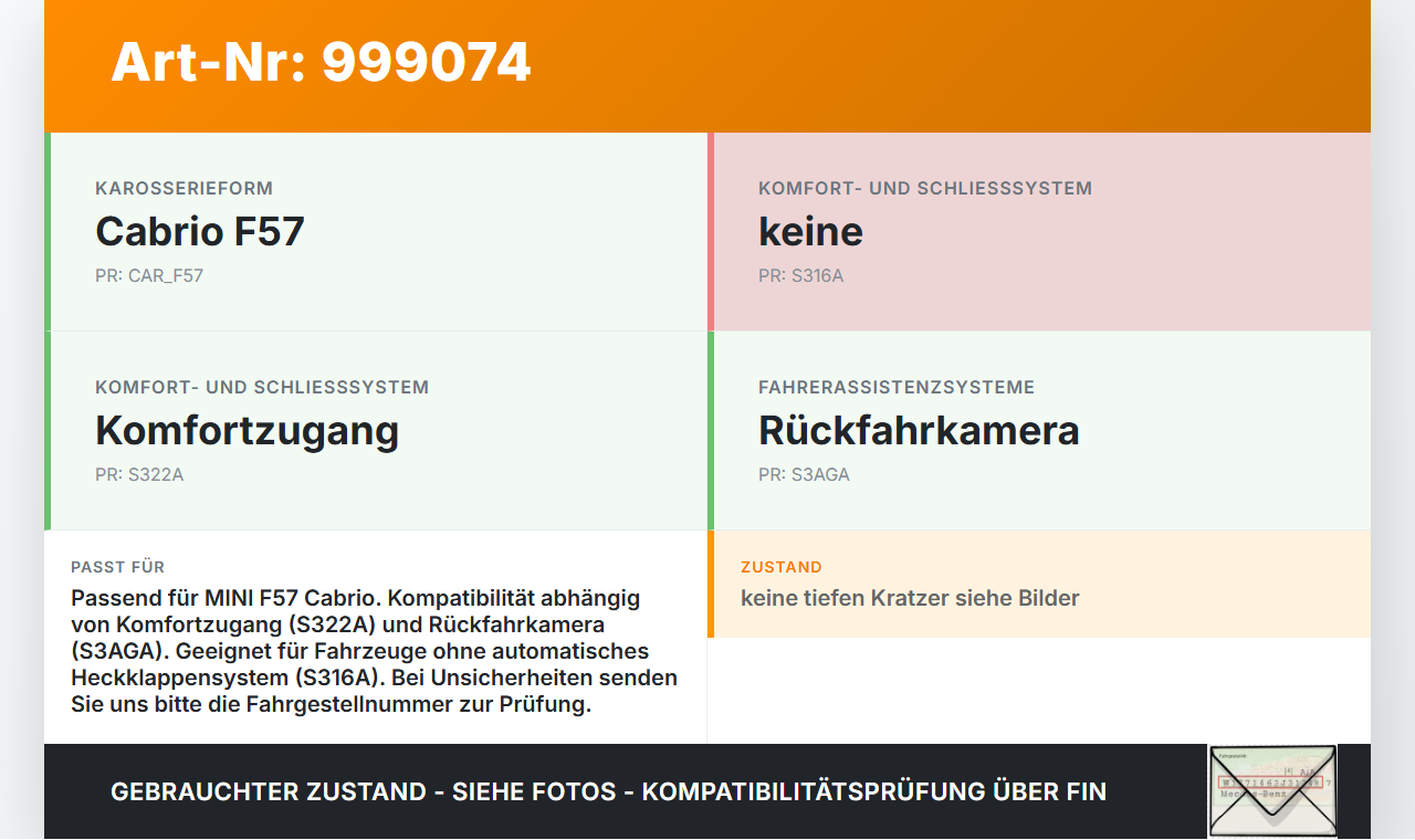 MINI F57 Cooper S 14-18 Schalter Taster Öffner für Heckklappe MINI F57 Cooper S 14-18 07.06.2017 61319200316 gebraucht Vorschau 3
