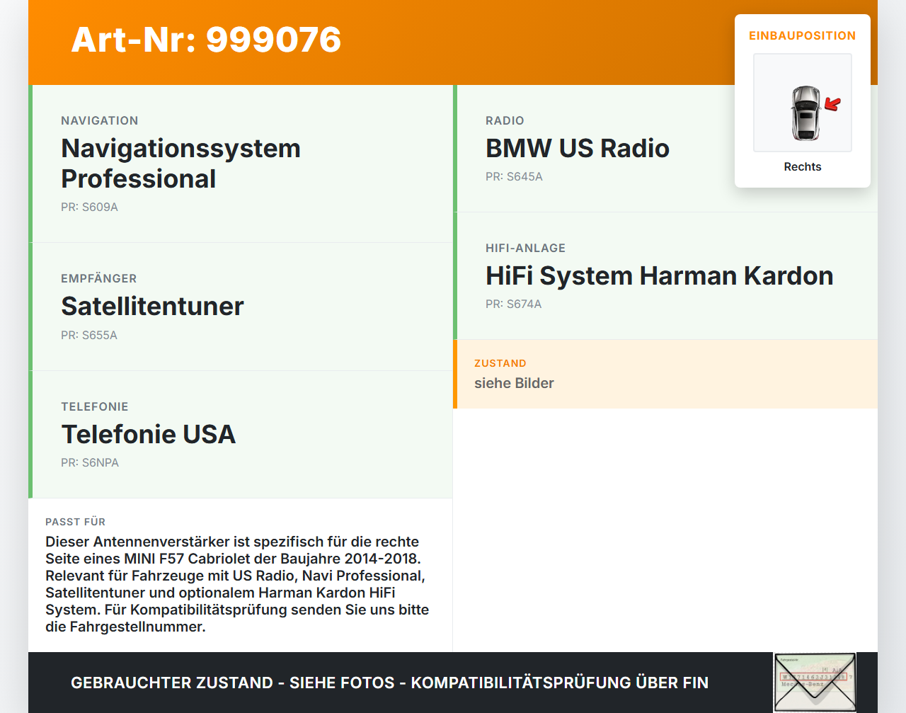 MINI F57 Cooper S 14-18 Antennenverstärker Weiche Antenne Rechts MINI F57 Cooper S 14-18 07.06.2017 65209220831... Vorschau 3