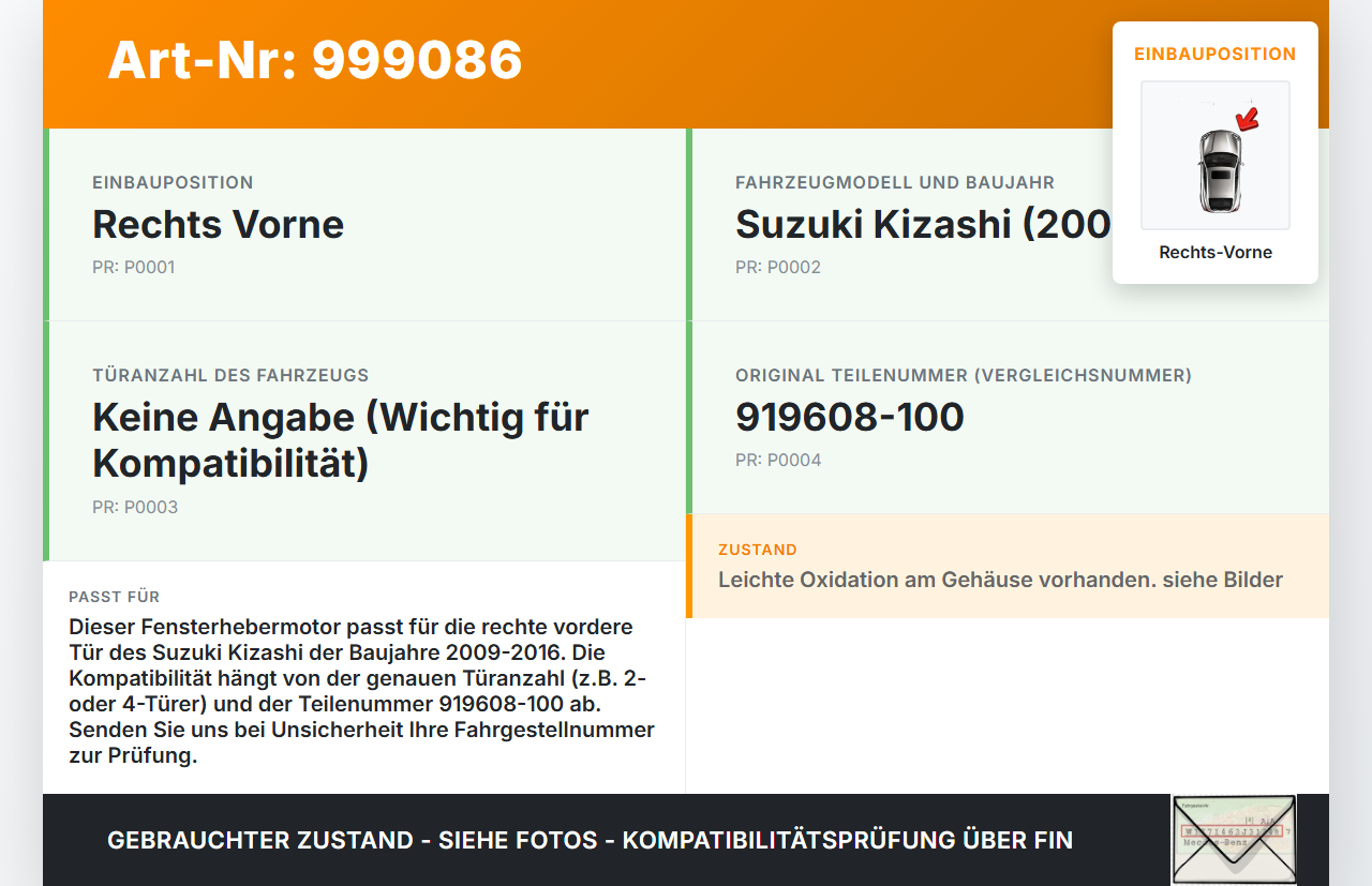 Suzuki Kizashi 09-16 Fensterhebermotor Rechts Vorne Suzuki Kizashi 09-16 20.09.2012 919608-100 gebraucht Vorschau 3