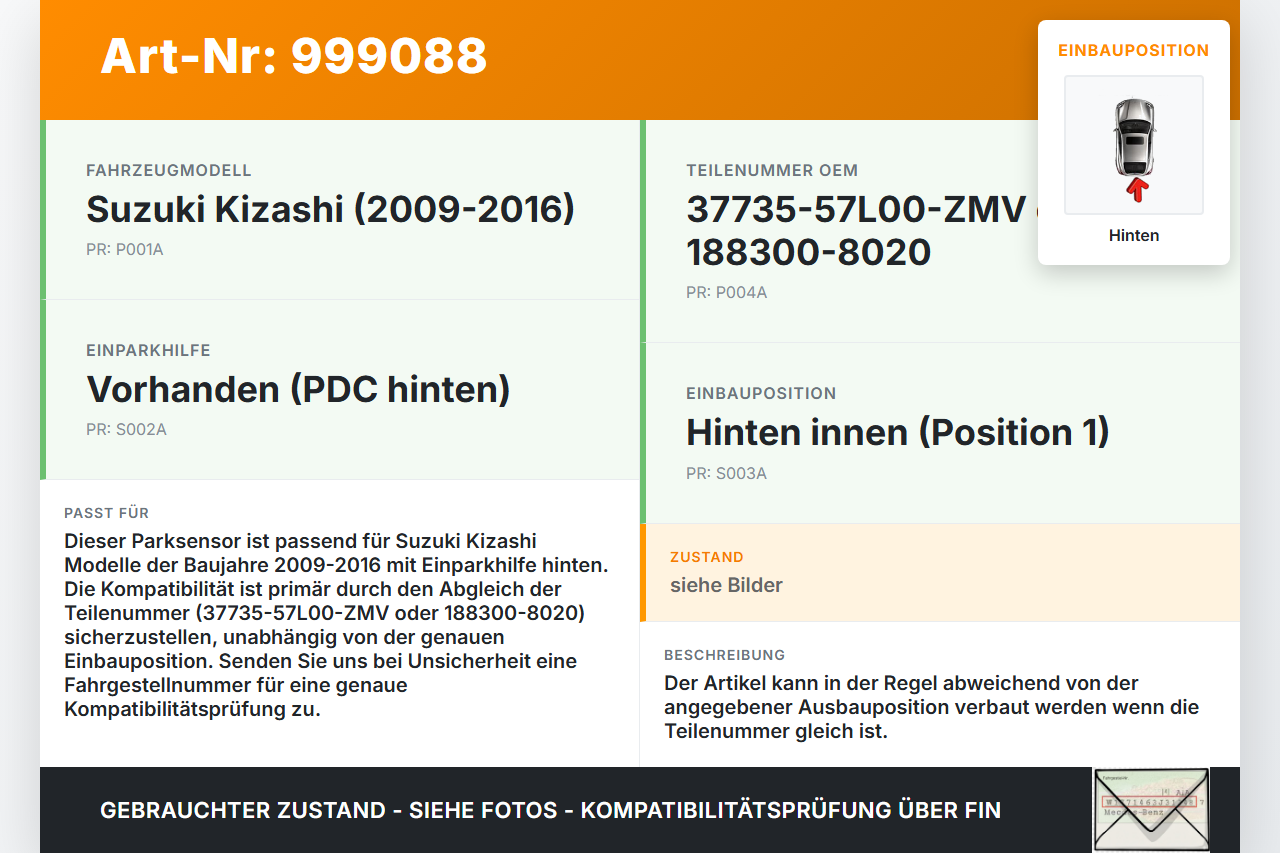 Suzuki Kizashi 09-16 Parksensor PDC Sensor Einparkhilfe Hinten Innen Pos.1 Suzuki Kizashi 09-16 20.09.2012... Vorschau 3