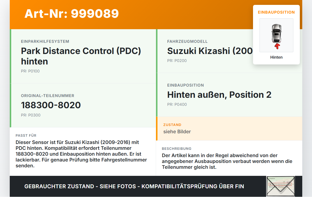 Suzuki Kizashi 09-16 Abstands Sensor Parksensor PDC Hinten Außen Pos.2 Suzuki Kizashi 09-16 20.09.2012 188300-8020... Vorschau 3