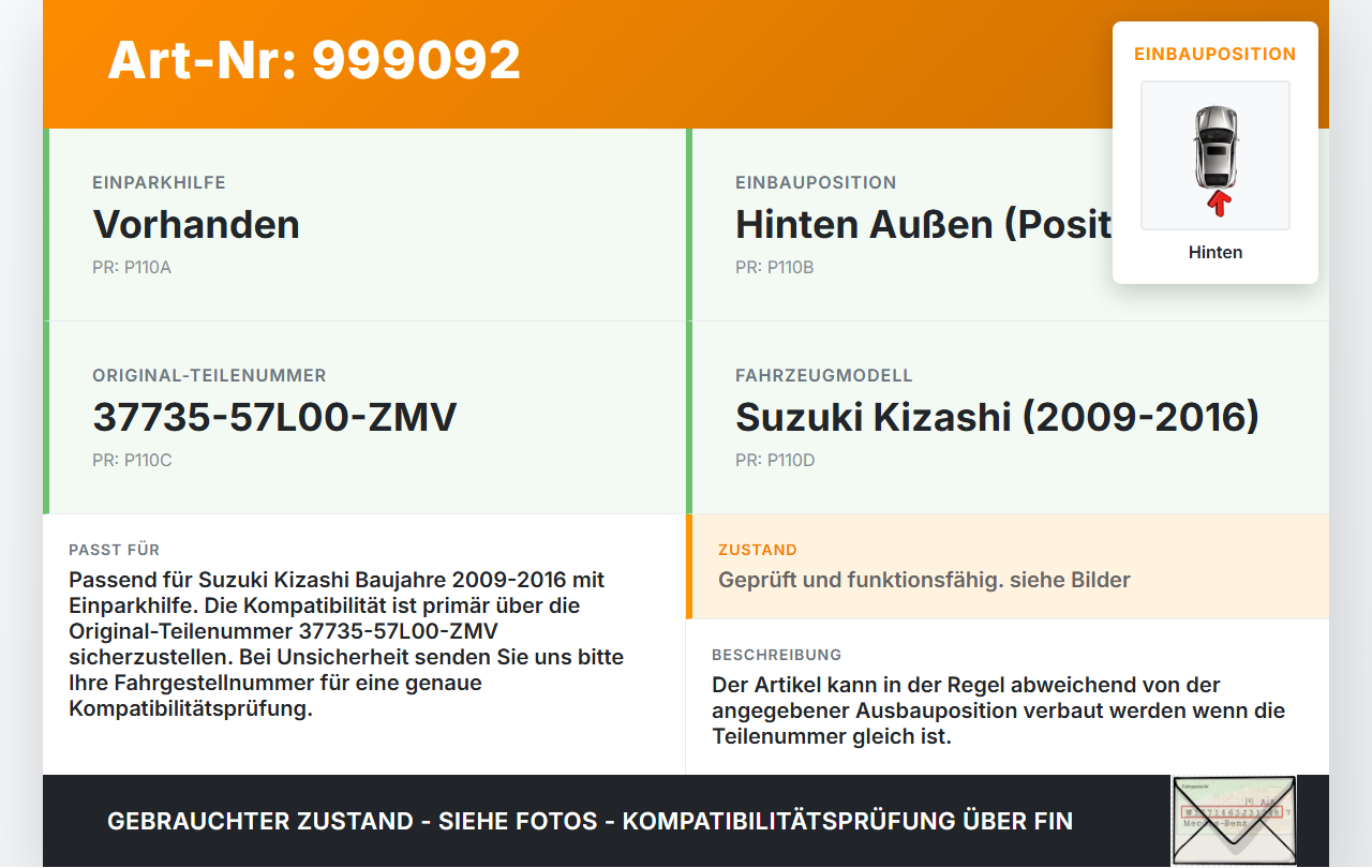 Suzuki Kizashi 09-16 Parksensor PDC Sensor Einparkhilfe Hinten Aussen Pos.1 Suzuki Kizashi 09-16 20.09.2012... Vorschau 3