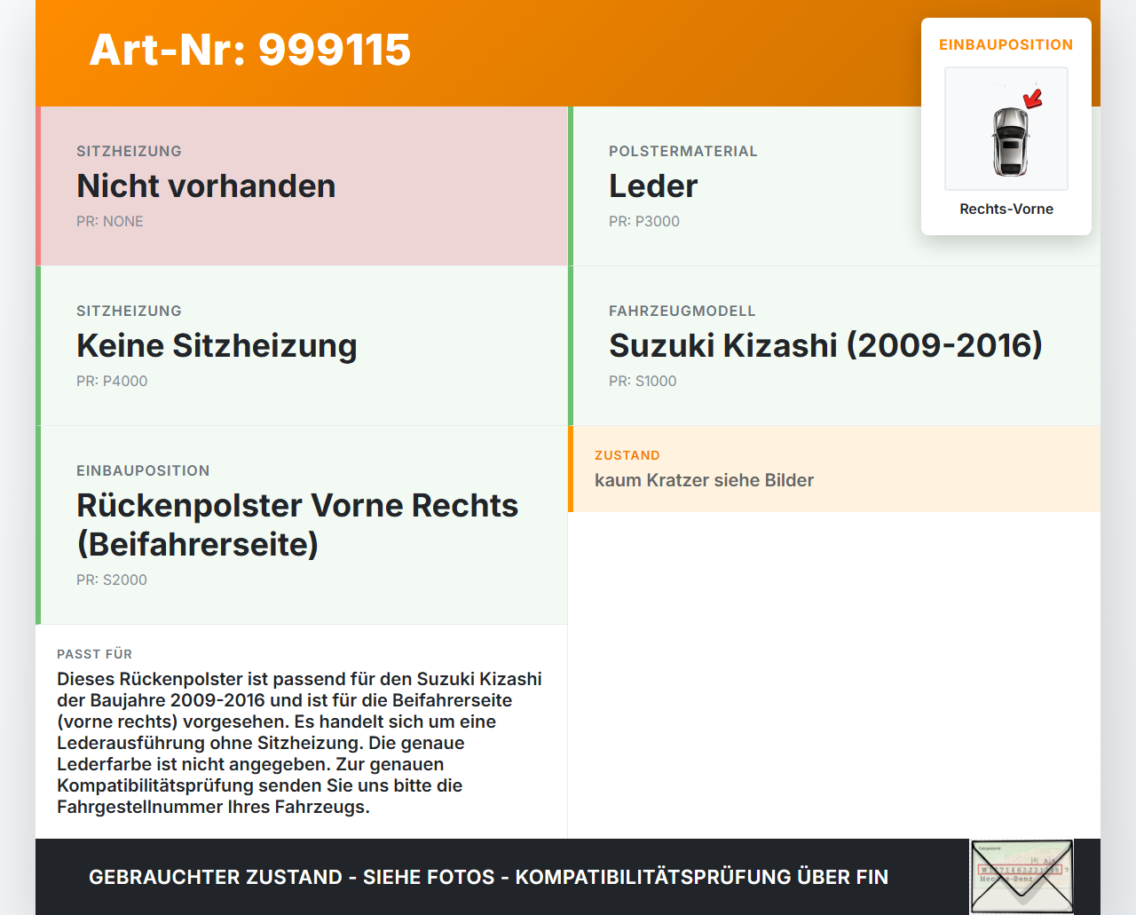 Suzuki Kizashi 09-16 Rückenpolster Rechts Vorne für Beifahrer Sitz Suzuki Kizashi 09-16 20.09.2012 gebraucht Vorschau 3
